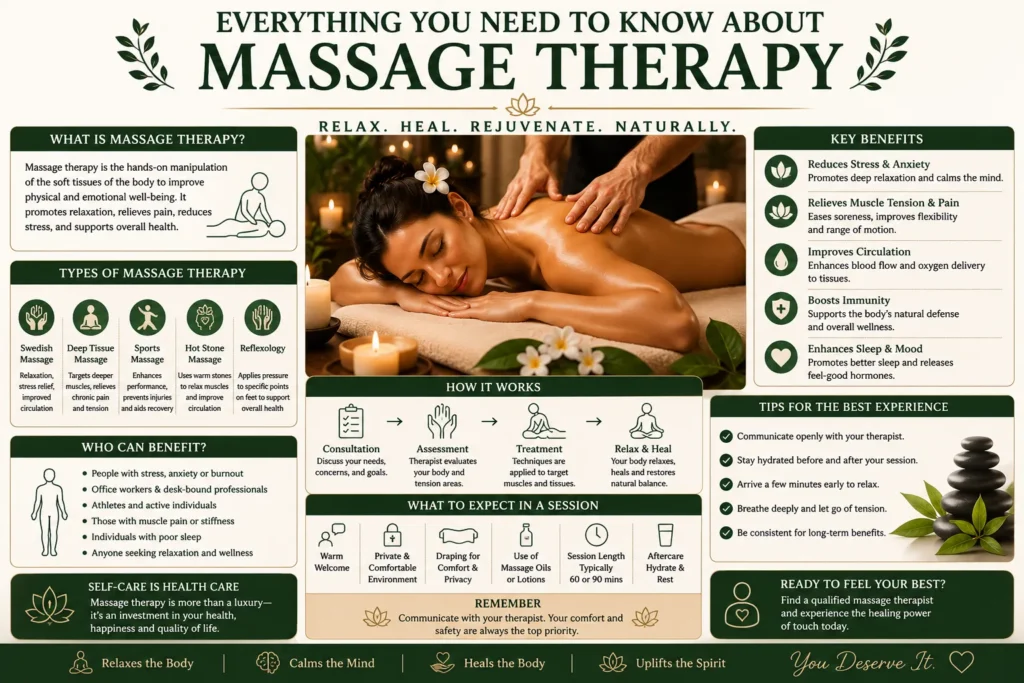 Massage therapy infographic explaining the benefits, types, techniques, wellness advantages, session expectations, and relaxation methods in a professional spa environment.